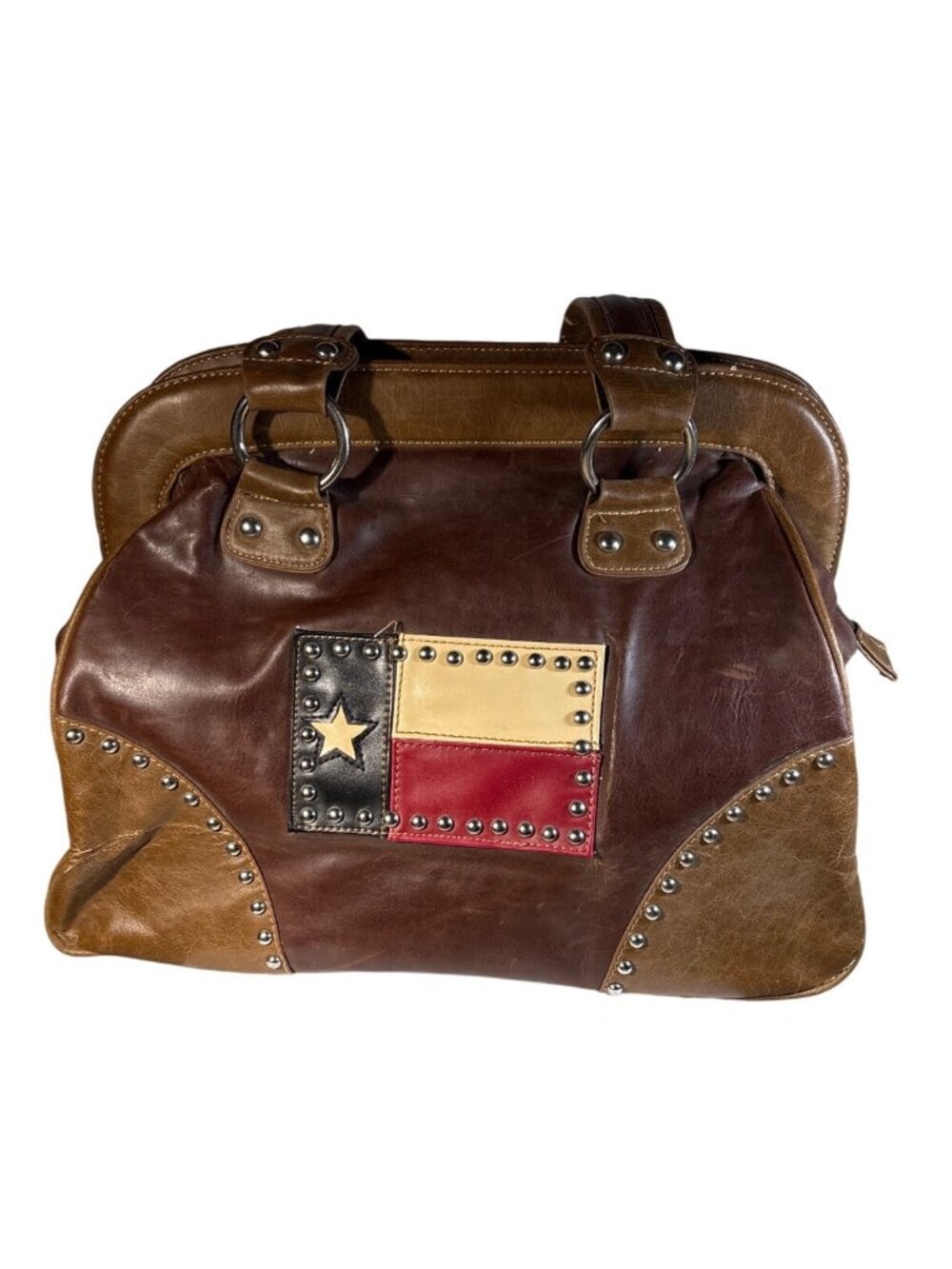 Vintage Country Road Leather Handbag Texas Flag Design Stud Accents 14 x 10" Lrg